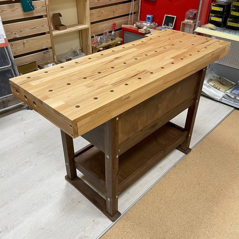 ХИТ! Верстак столярный 140 х 49,8 х 85 см с одними тисками, буковый верх, сосновое основание, 4 выдвижных ящика, цвет тумбы тёмный орех, выставочный образец