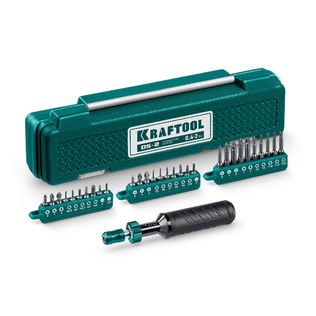 Новинка! Набор 31 предмета Динамометрическая отвертка KRAFTOOL DS-2 0.4-2 Нм, Биты из хромомолибденовой стали S2. Для контролируемого затягивания крепежа с заранее заданным моментом, в кейсе 64034