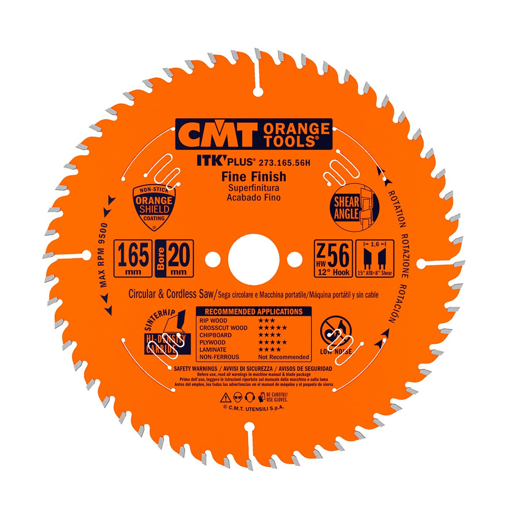 Новинка! Пильный диск с тонким пропилом CMT 165 x 20 (15,87) x 1.6 / 1.0 Z=56 ATB + SHEAR Z=56 поперечное пиление 273.165.56H