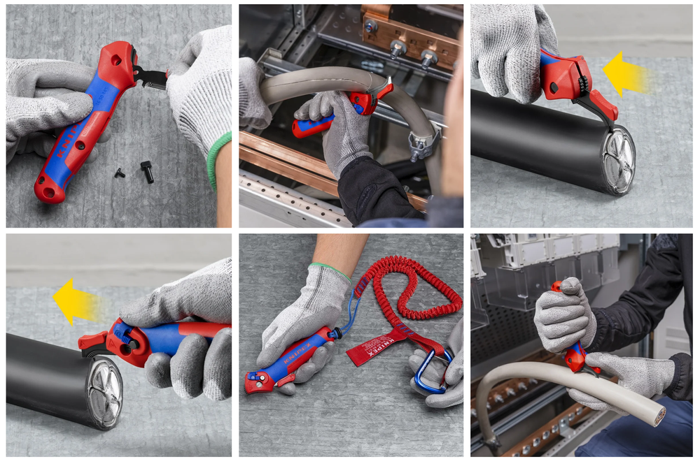 Новинка! Нож для кабеля с пяткой, трещоткой KNIPEX 146 мм, 2К ручка, для зачистки c опорным башмаком режет твердые, прочные пластиковые оболочки с толщиной стенки до 7 мм KN-1650145SB