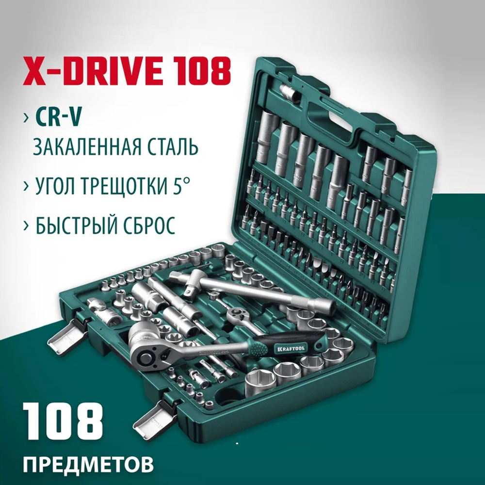 Новинка! Универсальный набор инструментов 108 предметов KRAFTOOL X-Drive 108, 1/2″+3/8″+1/4″ для работы с крепежом, в кейсе 27888-H108_z03