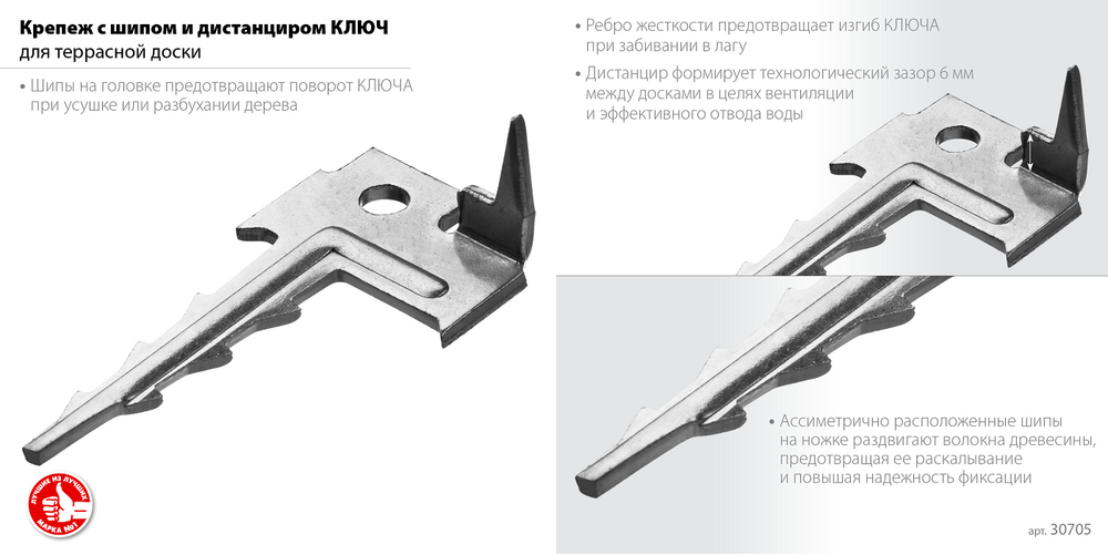 Новинка! Крепеж с шипом для фасадной и террасной доски Ключ 200 шт Zubr, 60 x 30 мм, цинк 307011