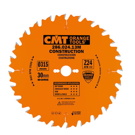 Новинка! Диск пильный универсальный CMT 315 x 30 x 3,2 / 2,2 15 гр. 5 гр. ATB Z 24 для пиления древесины на стройплощадке 286.024.13M