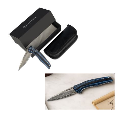 Новинка! Нож японский складной Tojiro Hatamoto, дамасская сталь VG-10 76 слоев, 1000 грит, рукоять Blue and Black G10, клинок 87 мм HFK-2460