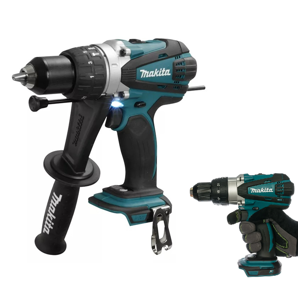 Новинка! Аккумуляторная ударная дрель - шуруповерт ударная Makita DHP 458 Z LXT 18 В, щеточный двигатель. Боковая рукоятка, ограничитель глубины, 2 биты, крепеж на пояс, Max D сверления металл 13 мм, дерево 76 мм DHP458Z