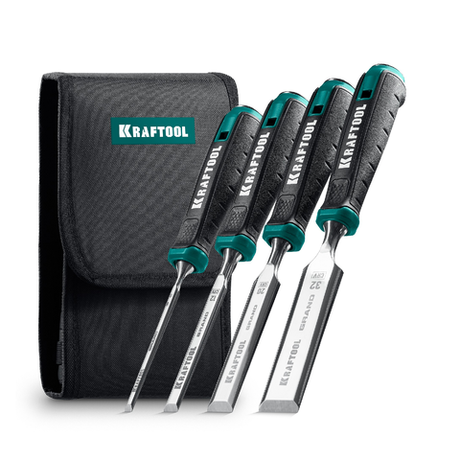 Новинка! Набор стамесок - долот 4 шт KRAFTOOL GRAND-4 лезвие 6, 12, 20, 32 мм, с двухкомпонентной рукояткой, в чехле 1818-H4