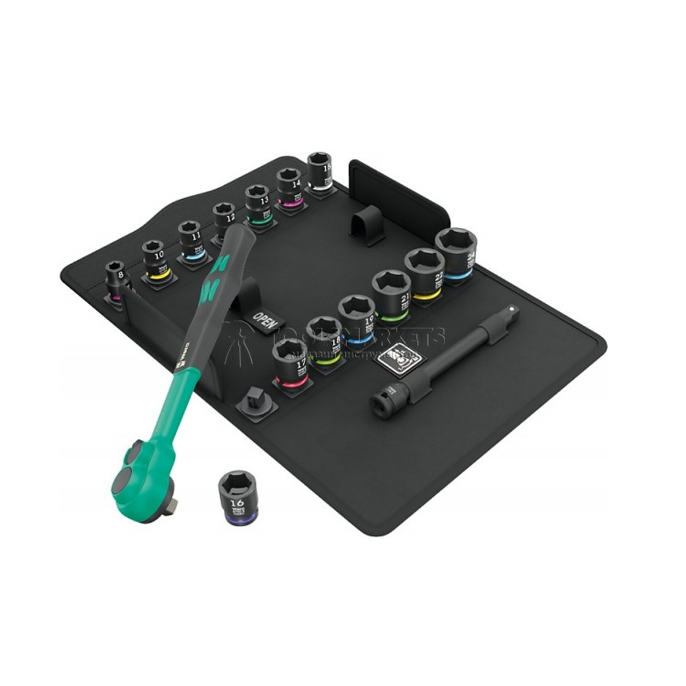 Новинка! Набор 16 предметов Трещотка WERA 8100 SB 12 Zyklop Comfort, переключатель реверса, 3/8", метрические размеры, в сумке - футляре WE-005530