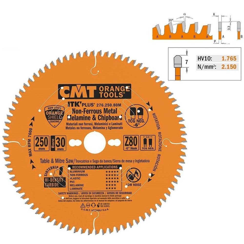 Новинка! Диск пильный по алюминию 250 x 2.6 / 1.8 x 30  Z 80 TCG NEG минус 6 градусов CMT 276.250.80M