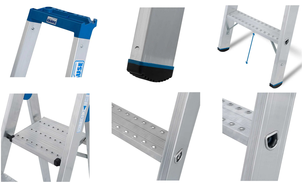 Новинка! Стремянка алюминиевая KRAUSE STABILO 1 x 4 со ступенями R13 из прессованного профиля с противоскользящим профилированием и подъемником платформы с обеих сторон. Рабочая высота 2,95 м, полка и крючок для ведра 136022