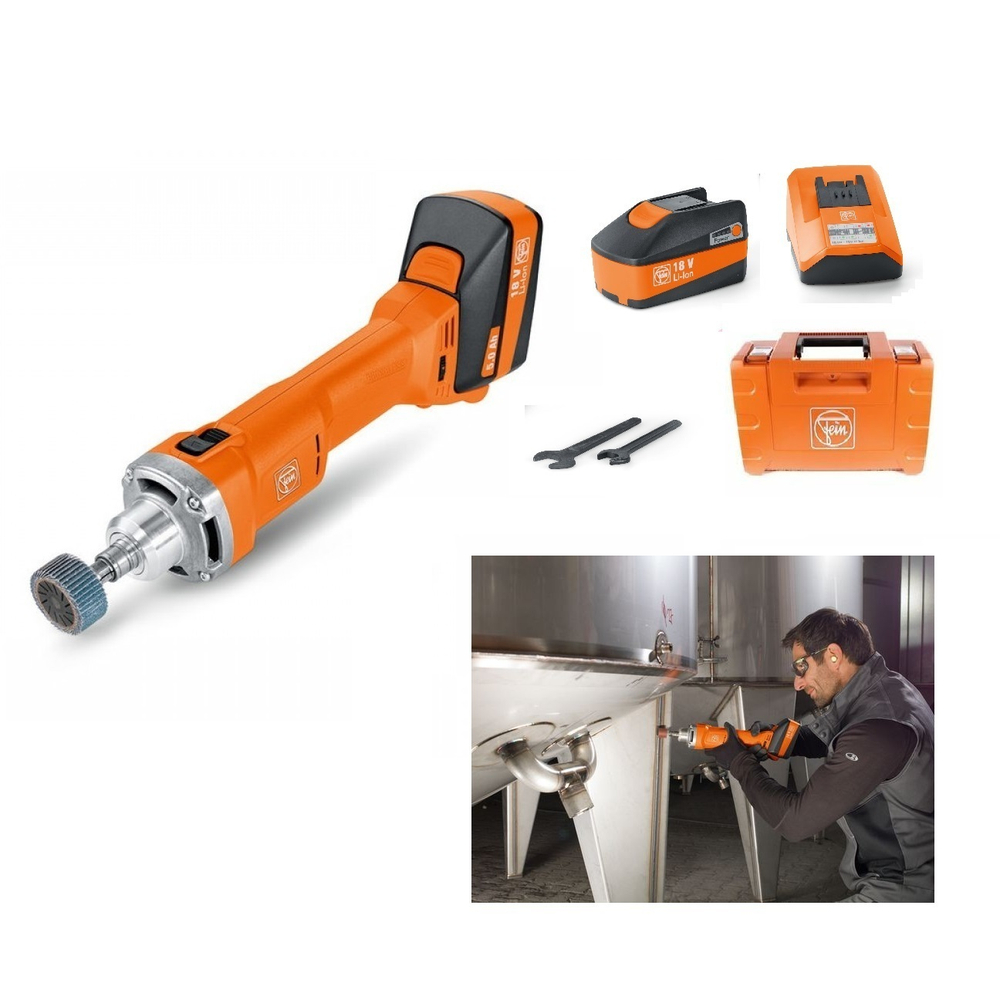 ХИТ! Комплект AGSZ 18-280 BL Машина шлифовальная прямая аккумуляторная 18V230V50H, Два аккумулятора, устройство для ускоренной зарядки ALG 50 в кейсе Fein 71230161000