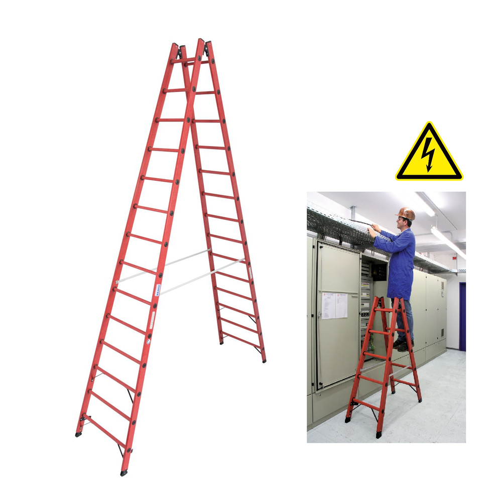 Новинка! Диэлектрическая двухсторонняя стремянка KRAUSE 2 х 14 с боковинами и нескользящими перекладинами из усиленного стекловолокном пластика 819765