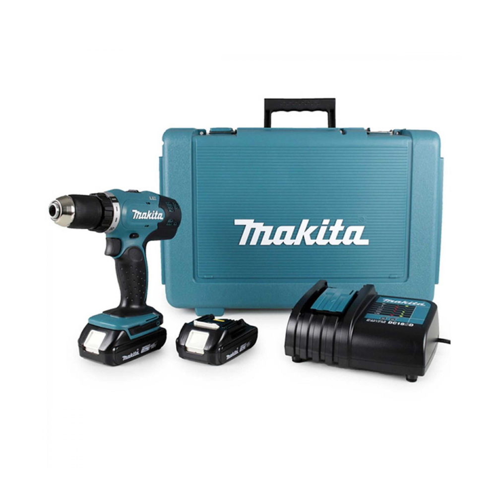 Новинка! КОМПЛЕКТ: Аккумуляторная дрель - шуруповерт Makita LXT 18В, Два аккумулятора 1,5 Ач, Зарядное устройство, кейс DDF453SYE