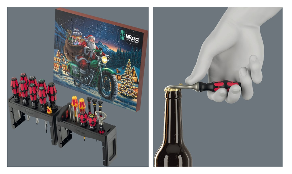 Новинка! Рождественский календарь WERA Advent 2025 16 VE 1 и Промо - набор Kraftform 28 предметов ОТВЕРТКИ + 2 подставка + открывалка, Шлиц Torx, крестообразный, прямой, шестиугольный (H) WE-136610