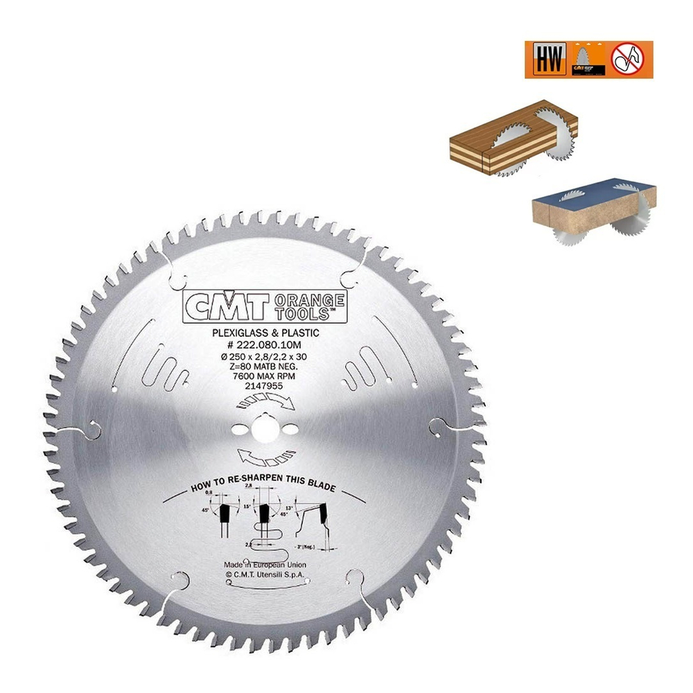 Диск пильный 250 x 30 x 2,8 / 2,2 - 3 градус MATB Z 80 для ПВХ и оргстекла, ламината CMT 222.080.10M