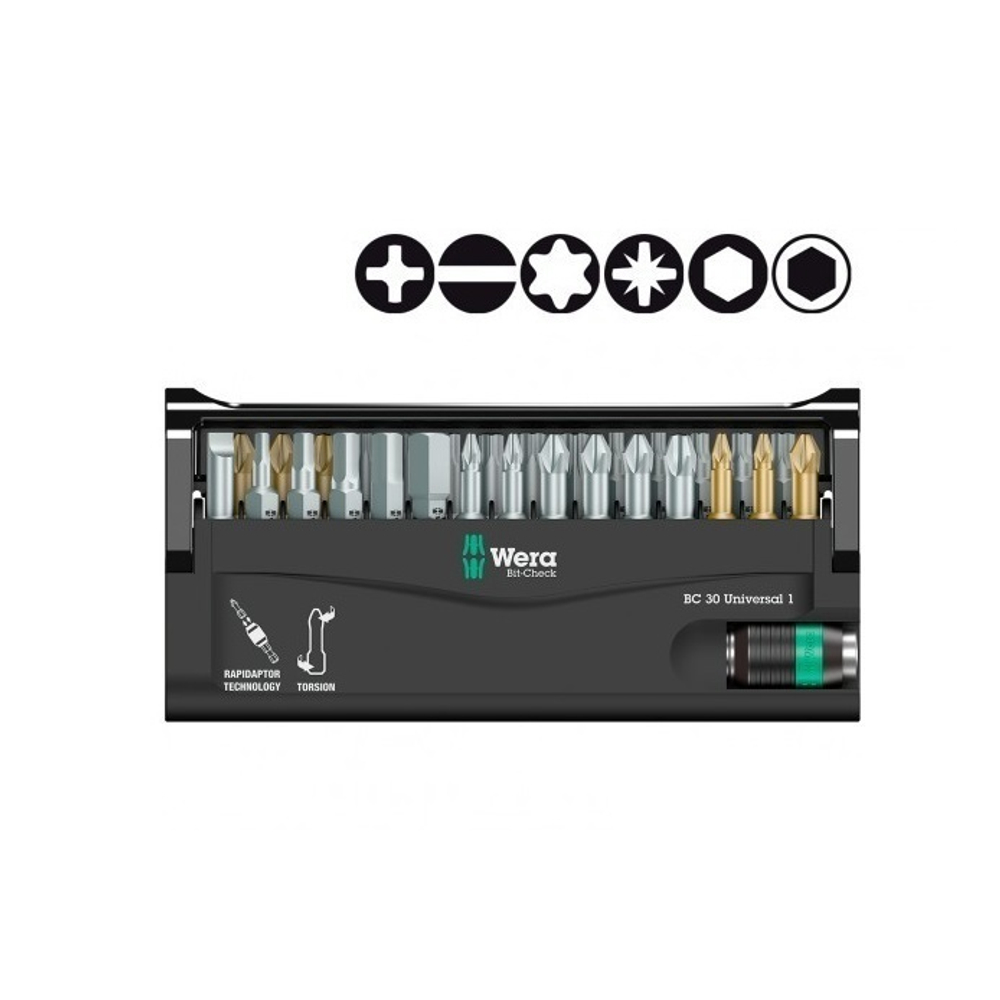 Новинка! Набор 30 предметов БИТЫ с битодержателем Rapidaptor, 1/4 C6.3 Bit-Check 30 Universal 1 WERA WE-056440