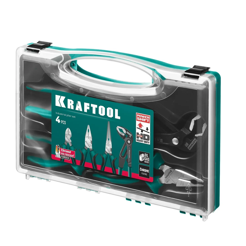 Новинка! Набор 4 предмета: губцевый инструмент KRAFTOOL. Плоскогубцы комбинированные 180 мм, Бокорезы 160 мм, Тонкогубцы 200 мм, Клещи переставные 250 мм в кейсе 22012