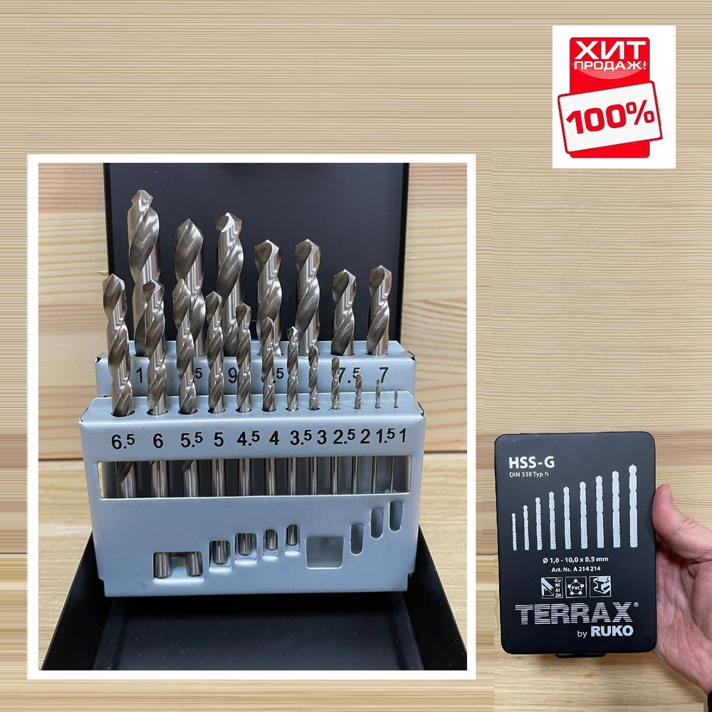 ХИТ! Набор из 19 шт сверл спиральных по металлу RUKO HSS-G TERRAX by 1-10 мм, в кейсе A214214