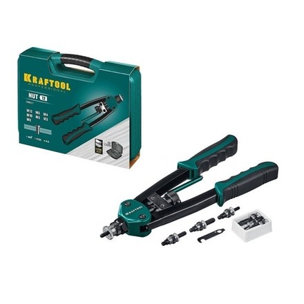 Заклепочник резьбовой двуручный ручной NUT-12 со сменными 7 шт насадками М3 - М12, накидным ключом в кейсе KRAFTOOL 31183