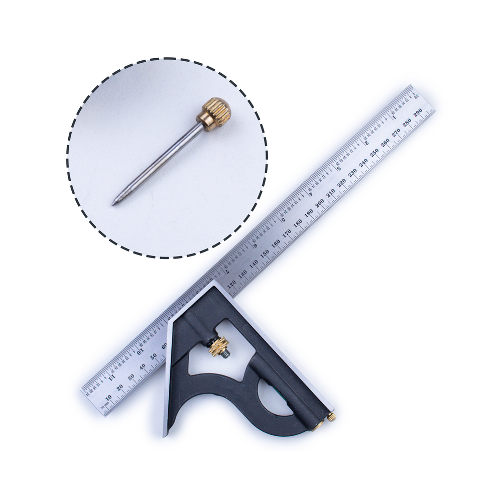 Новинка! Угольник комбинированный GOLDRATIO 300 мм, подошва подвижная, в подошву встроен пузырьковый уровень и чертилка, для измерения и разметки углов 90 и 45 градусов М00003479