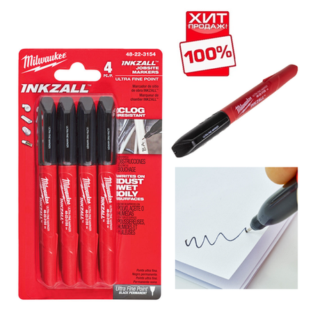 ХИТ! Набор 4 шт Маркеры ультратонкие Черные INKZALL для стройплощадки Milwaukee 48223154