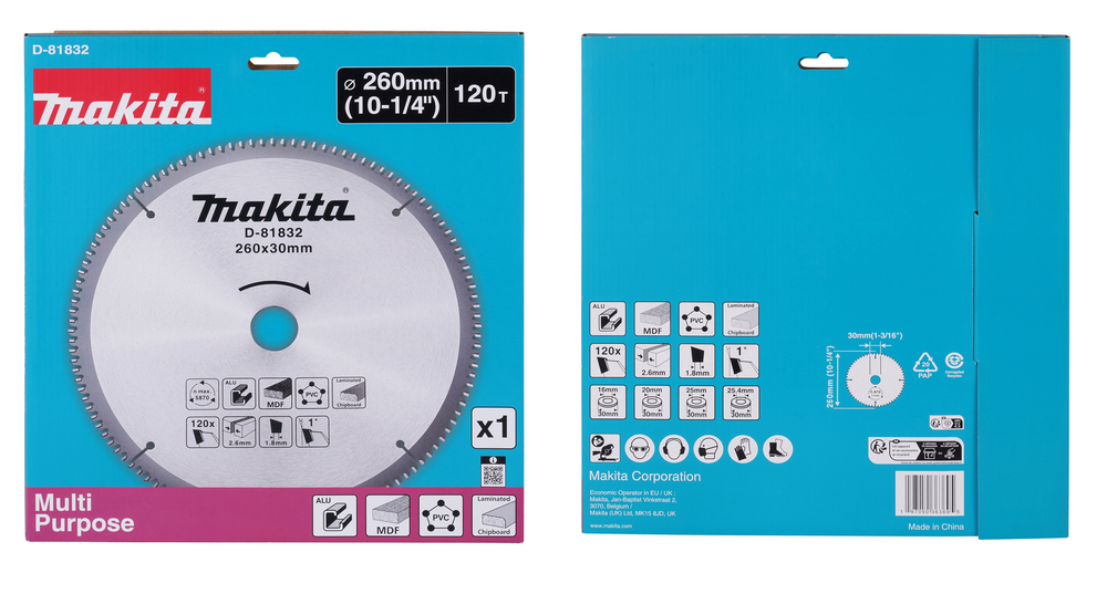 Новинка! Диск пильный универсальный для алюминия, дерева, пластика 260 x 30 x 2.6 / 1.8 x 120T Makita D-81832