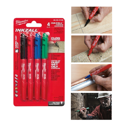 Набор 4 шт Маркеры тонкие Цветные INKZALL для стройплощадки (Синий / Красный / Зеленый / Черный) Milwaukee 48223106