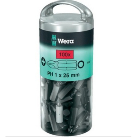 Набор 100 предметов БИТЫ, 1 / 4 C6.3, PH 2 x 25 мм, 851 / 1 Z DIY 100 PH 2 в тубе WERA WE-072441