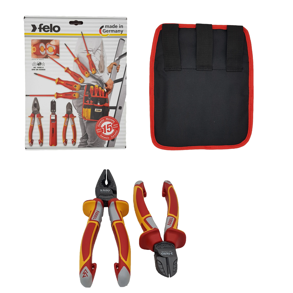 Новинка! Набор электрика Felo 9 предметов Диэлектрические отвертки Ergonic SL и РН, диэлектрические пассатижи 180 мм, бокорезы 160 мм, нож для снятия изоляции, отвертка тестер сети, в сумке 41399504