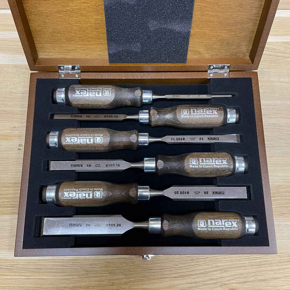 ХИТ! Набор столярных стамесок плоских Wood Line Profi Narex 6 шт в деревянном кейсе (6, 10, 12, 16, 20, 26 мм) 853053