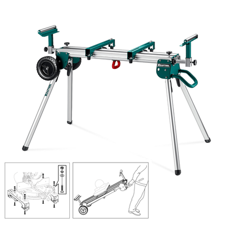 Новинка! Стол складной для торцовочных пил KRAFTOOL MSA-1200 U (1120-2650) х 765 х 970 мм, роликовые опоры, регулировка по высоте, складные ножки, с ручкой и колесами 38782-2