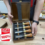ЛЕТОМ НИЖЕ ХИТ! Набор столярных коротких стамесок Narex Wood Line Plus в деревянном кейсе 4 шт 6, 12, 20, 26 мм 853750