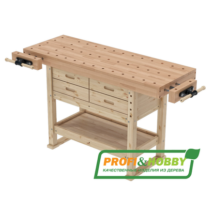 ХИТ! Верстак столярный Умелец БУК 140 х 49,8 см с 2 тисками, 4 выдвижных ящика, полка для инструментов Цвет тумбы Бесцветный лак PROFI&HOBBY PR-U-BUK