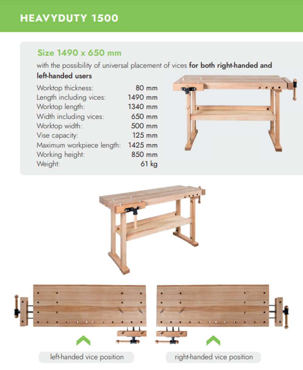 Новинка! Чешский верстак столярный деревянный 1490 х 650 х 850 мм столешница из массива бука 80 мм 2 тисков York 24 отверстий 20 мм под фиксаторы PINIE HeavyDuty1500D20
