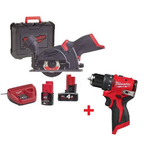 Комплект: Аккумуляторная Отрезная машина УШМ M12 FUEL FCOT-422X с 2 аккумуляторами, быстрозарядным устройством 4933464619 и Дрель - шуруповерт M12 BLDDRC-0 4933499683 MILWAUKEE N075-2AM