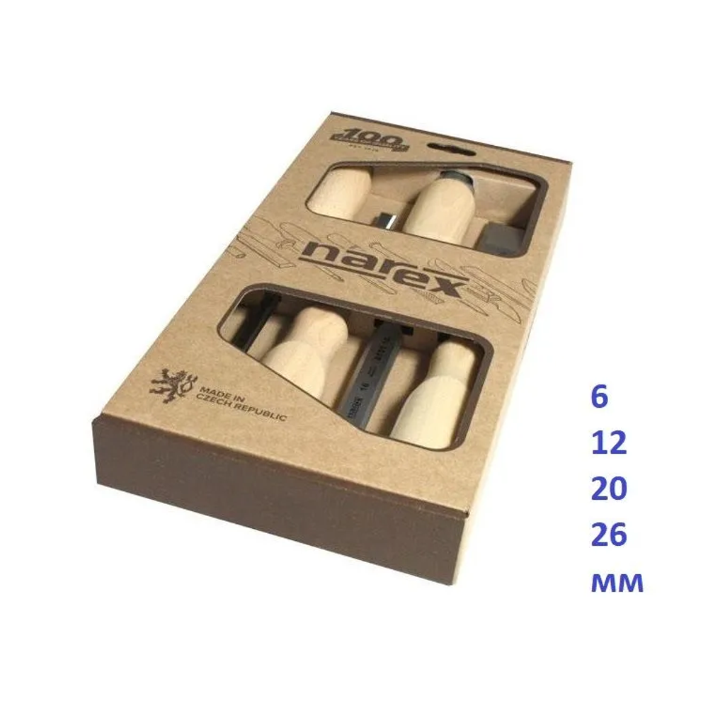 Новинка 2026! Набор из 4 шт профессиональных плоских стамесок NAREX Wood Line Profi 6, 12, 20, 26 мм ручка из бука, светлые 863010