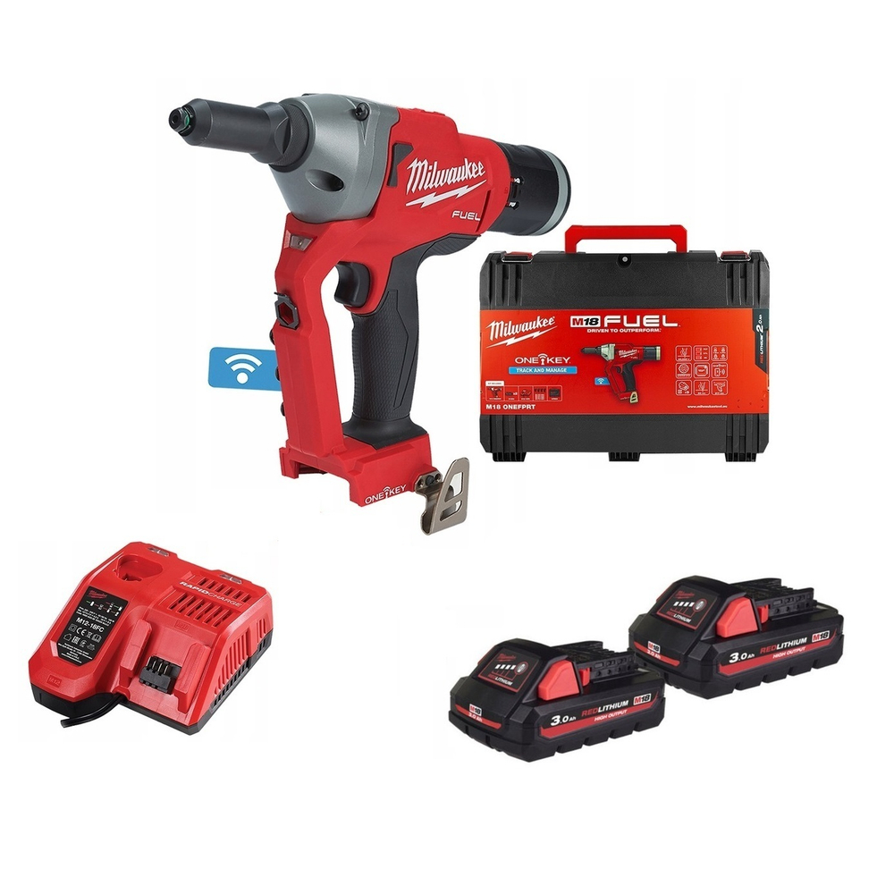 УДОБНЫЙ КОМПЛЕКТ! В кейсе M18 FUEL ONEFPRT-202X: Аккумуляторный заклёпочник ONEFPRT-202X с ONE-KEY, ДВА Аккумулятора M18 B2 2.0 Ач, Быстрое зарядное устройство M12-18 FC Milwaukee 4933478602