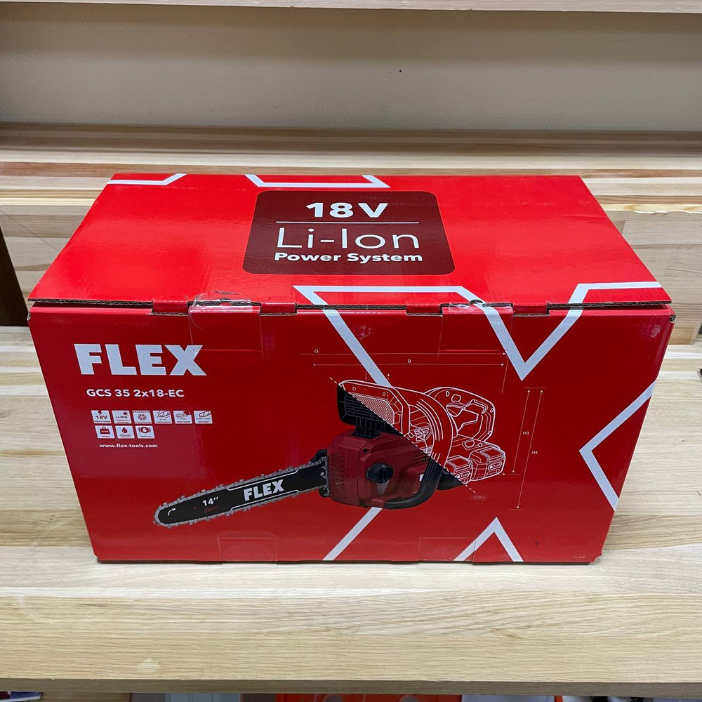 Новинка! Аккумуляторная цепная мощная пила FLEX GCS 35 2x18-EC для обрезки древесины толщиной 30 см 531276