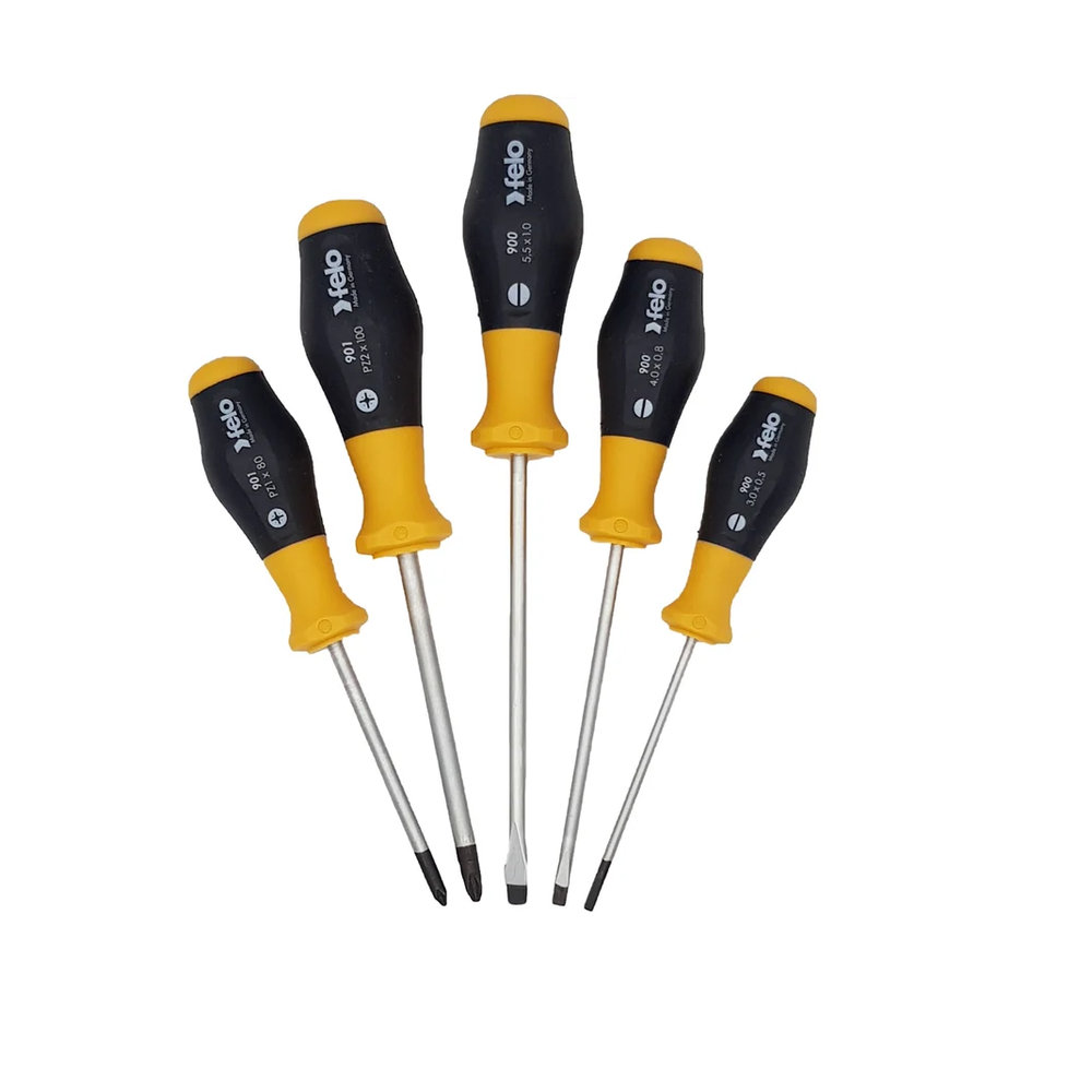 Новинка! Набор отверток 5 шт. Felo SL/PZ, 2-х компонентная рукоятка, SL 3x80, SL 4x100, SL 5,5x125, PZ 1 x 80, PZ 2 x 100 90095148