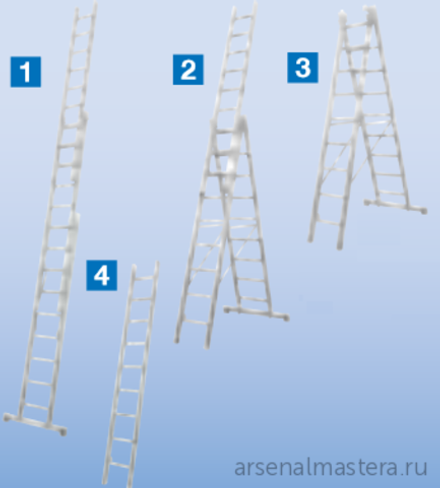 Универсальная лестница - трансформер (приставная, раздвижная, стремянка с выдвижной секцией) Krause STABILO с настенными роликами 3х12 перекладин 133700