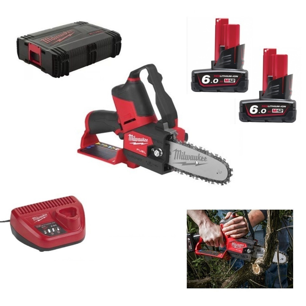 НАБОР САДОВЫЙ! Аккумуляторная цепная пила MILWAUKEE 4933472212 с двумя аккумуляторами и зарядным устройством в кейсе M12 FUEL FHS-602X, Перчатки с защитой от порезов 4932471416, Нож с фиксированным лезвием 4932464828 N015-3AM