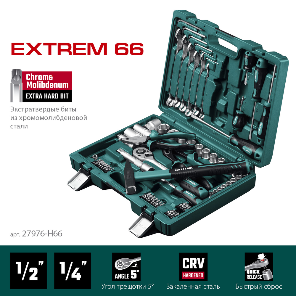 Новинка! Универсальный набор инструментов 66 предметов KRAFTOOL EXTREM-66, 1/2″+1/4″ для работы с крепежом, в кейсе 27976-H66_z01