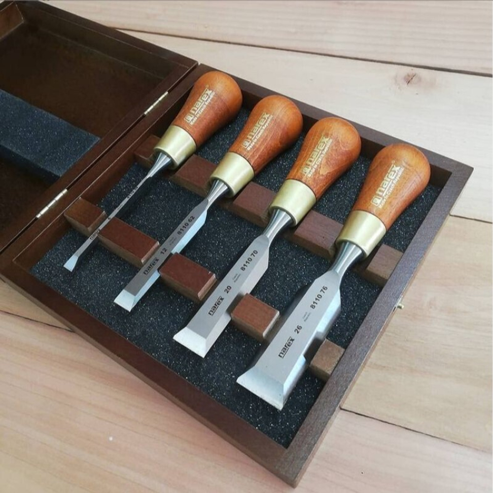 ЦЕНЫ НИЖЕ ХИТ! Набор столярных коротких стамесок Narex Wood Line Plus в деревянном кейсе 4 шт 6, 12, 20, 26 мм 853750