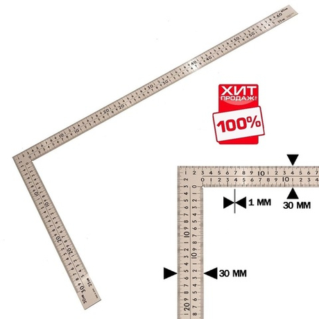 ХИТ! Угольник строительный 600 х 300 мм отсчёт нижней шкалы - от внешнего и внутреннего угла, нержавеющая сталь Shinwa М00015035