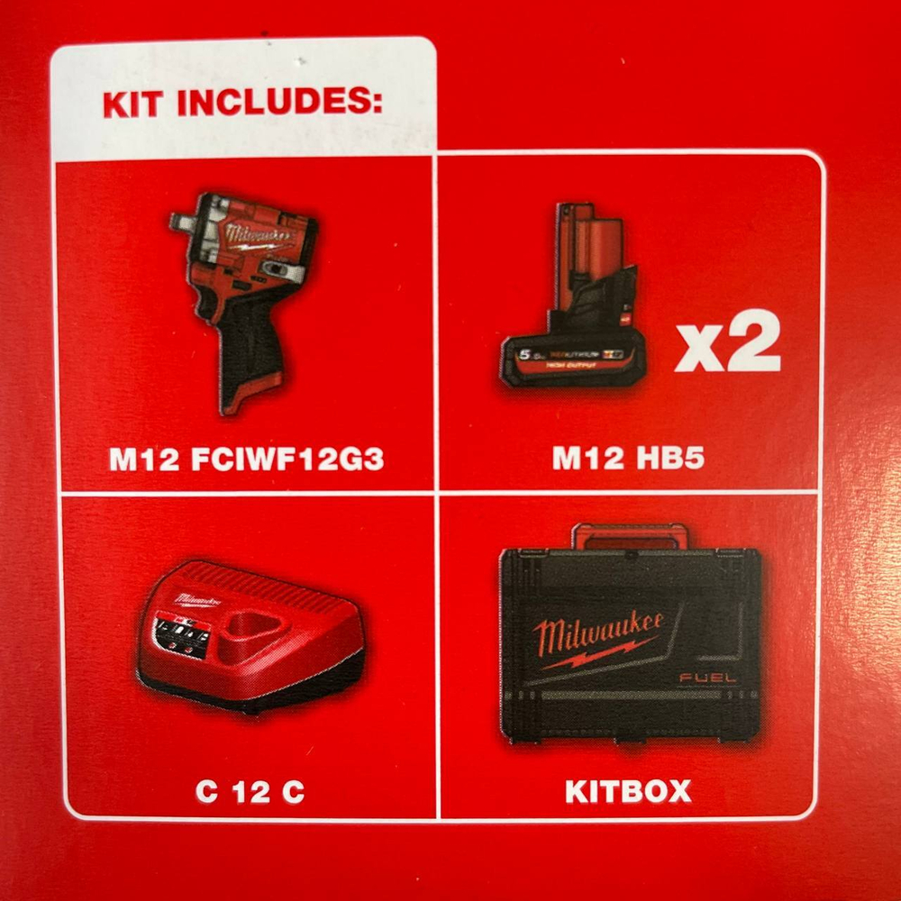 УДОБНЫЙ КОМПЛЕКТ ХИТ! M12 FUEL FCIWF12G3-502X Аккумуляторный гайковерт импульсный плюс 2 аккумулятора M12 HB5 и зарядное устройство C12 C, в кейсе MILWAUKEE 4933493455