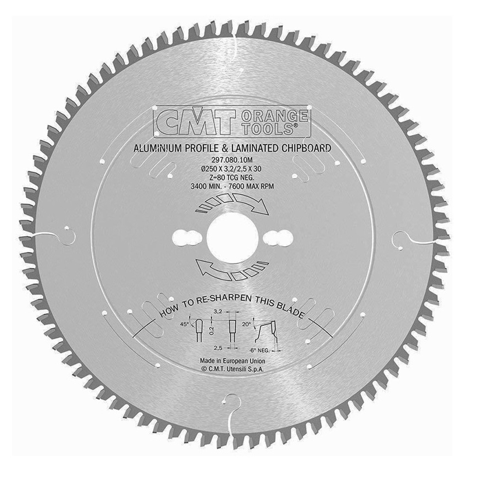 Диск пильный 250 x 30 x 3,2 / 2,5 -6° TCG Z=80 по цветным металлам и ламинированным панелям CMT 297.080.10M