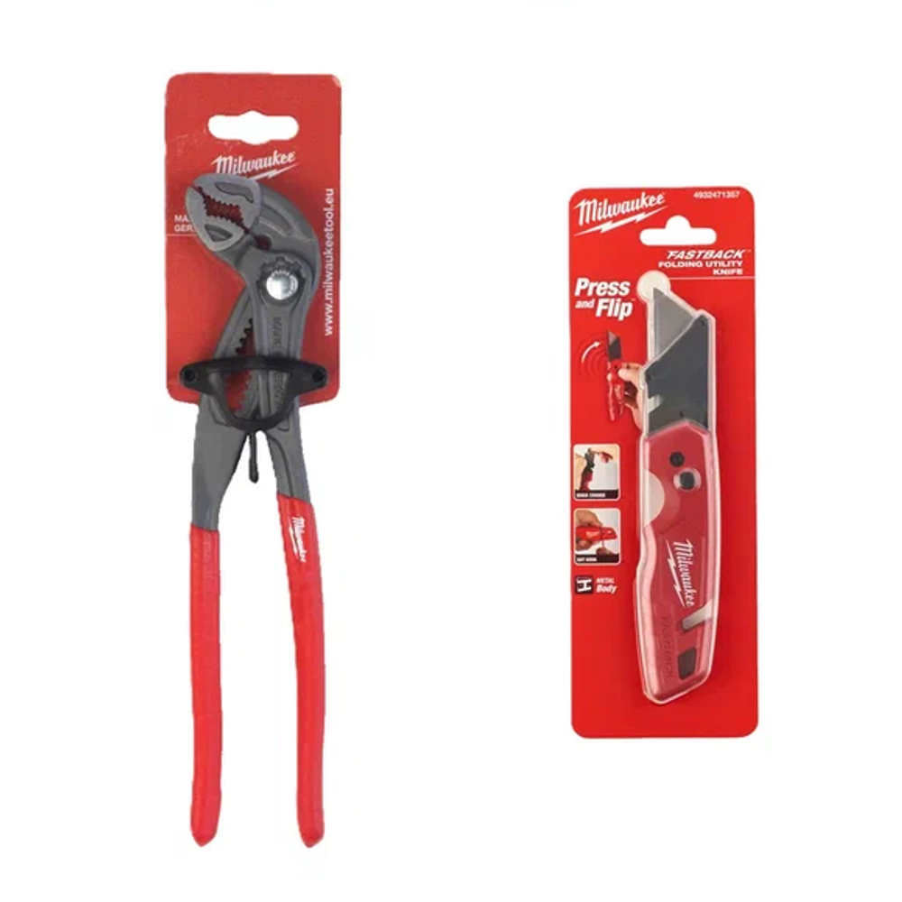 АКЦИЯ 2025 ЗИМНИЕ ПОДАРКИ! КОМПЛЕКТ с Ножом строительным многофункциональным складным FASTBACK 4932471357 по цене Клещей сантехнических 250 мм, 12 позиций ADJUSTABLE WATER PUMP PLIER 4932492459 MILWAUKEE ACC2511009