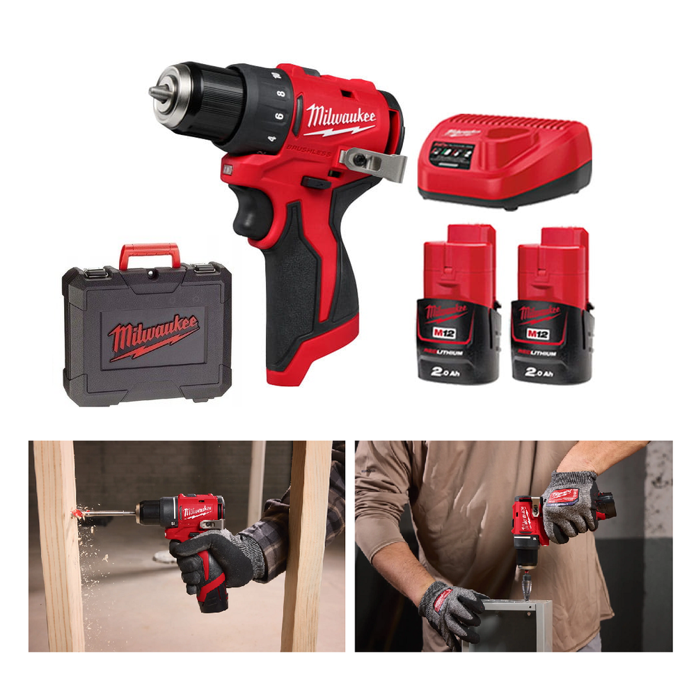 Новинка! Комплект в кейсе M12 BLDDRC-202C: Аккумуляторная дрель - шуруповерт MILWAUKEE BLDDRC-0 ПЛЮС 2 аккумулятора B2 2.0 Ач и зарядное устройство C12 C 4933499686