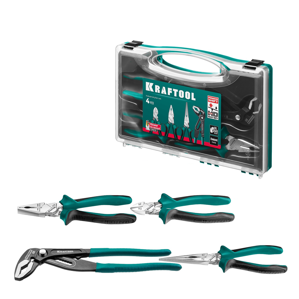 Новинка! Набор 4 предмета: губцевый инструмент KRAFTOOL. Плоскогубцы комбинированные 180 мм, Бокорезы 160 мм, Тонкогубцы 200 мм, Клещи переставные 250 мм в кейсе 22012