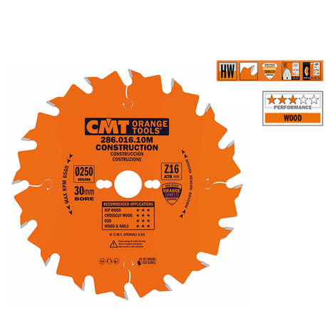 Новинка! Диск пильный универсальный CMT 250 x 30 x 2,8/1,8 15° 5° ATB Z=16 для пиления древесины на стройплощадке 286.016.10M