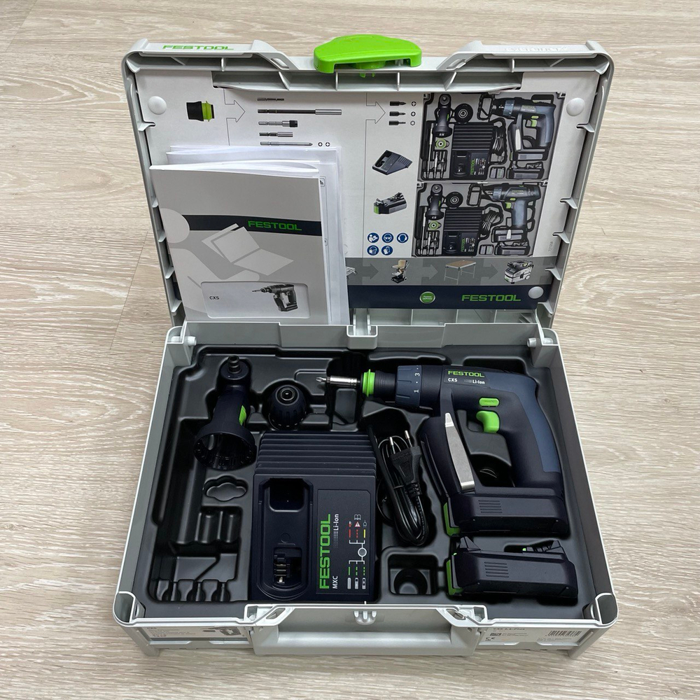 ХИТ! Аккумуляторная дрель-шуруповёрт FESTOOL CXS 10,8 В 2,6-Set с 2 шт Аккумуляторами, Устройством быстрозарядным ПЛЮС Насадка угловая 576093